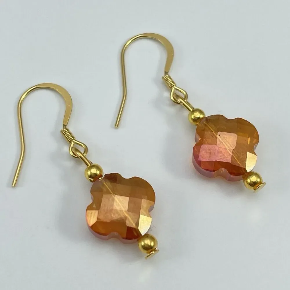 18K Gold Plated Metallic Orange AB Clover Flower Beaded Dangle Earrings Dainty
